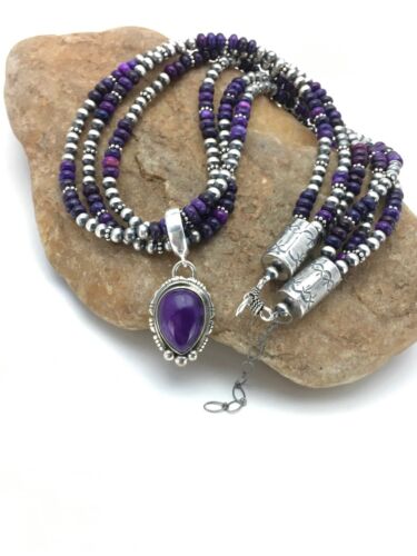 Navajo Pearls Sugilite Bead Necklace Pendant Set | 3-Strand Sterling Silver | 21" | 2885