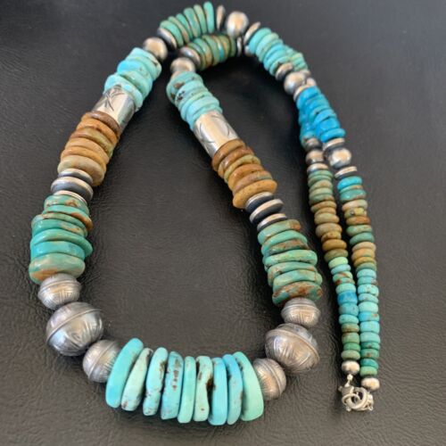 Navajo Blue Green Turquoise Barrel Beads Graduated Necklace | Sterling Silver | Authentic Native American Handmade | 26" | 12673