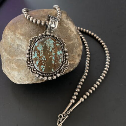 Navajo Pearls Sterling Silver Necklace with Blue Turquoise #8 Pendant | Authentic Native American Handmade | 11297