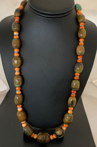 Navajo Green Turquoise & Orange Spiny Oyster Necklace | Sterling Silver | 23" | Authentic Native American Handmade | 1848