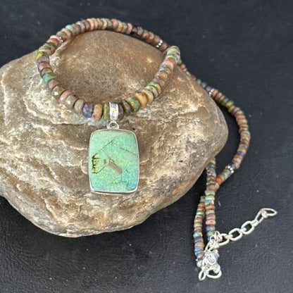Southwestern Women's Green Opal Pendant Necklace | Sterling Silver | 17" | 14423