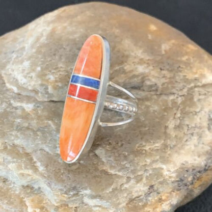 Navajo Red Spiny Oyster Lapis Inlay Ring | Sterling Silver | Sz 5 | Authentic Native American Handmade | 11584