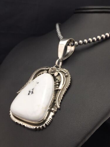 White Buffalo Turquoise Pendant Necklace | Navajo Sterling Silver | Authentic Native American Handmade | 4529