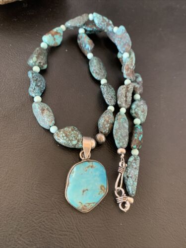 Men's Navajo Kingman Turquoise Pendant Necklace | Sterling Silver | 20" | Authentic Native American Handmade | 10224
