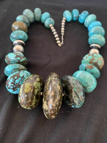 Men's Navajo Pearl Sterling Silver & Natural Blue Turquoise Graduated Necklace | Authentic Native American | 21"