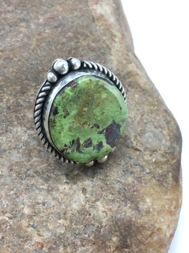Navajo Green Gaspeite Ring | Sterling Silver | Sz 8.25 | Authentic Native American Handmade | 2593