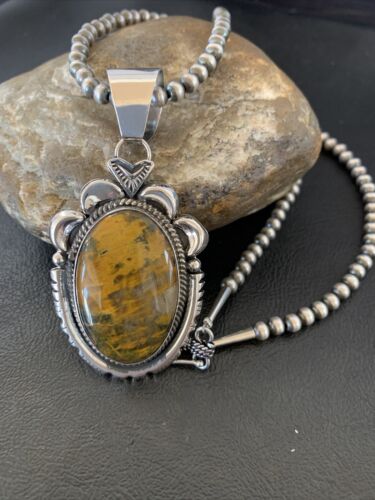Men's Navajo Pearl Necklace with Sterling Silver Coffee Tiger's Eye Pendant | Authentic Native American Handmade | 11688 - Masha USA