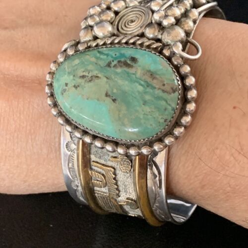 Navajo Green Turquoise Cuff Bracelet | Sterling Silver & 12K Gold | Authentic Native American Handmade | 14116 - Masha USA