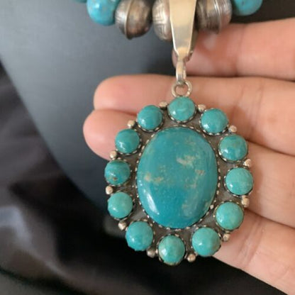 Navajo Blue Turquoise Cluster Pendant Necklace | Sterling Silver | Authentic Native American Handmade | 11884