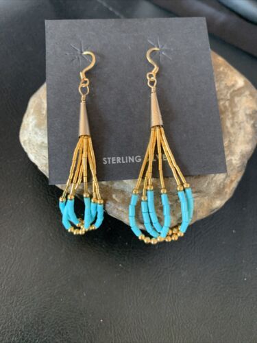 Navajo Blue Turquoise Dangle Heishi Earrings | Liquid Gold Filled Tubes | 2" | 13032