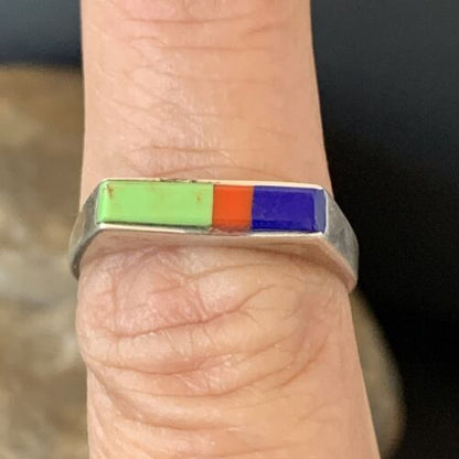 Native American Navajo Green Gaspiete Lapis Red Coral Inlay Ring | Sz 7 | 11139 - Masha USA