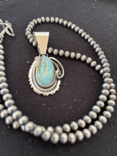 Women's Royston Turquoise Pendant Necklace | Navajo Pearls | Sterling Silver | Authentic Native American Handmade | 1182