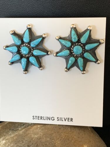 Navajo Blue Cluster Turquoise Stud Earrings | Sterling Silver | Authentic Native American Handmade | 12303