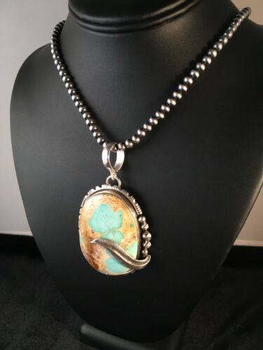 Royston Turquoise Pendant | Navajo Pearls Sterling Silver Necklace | Authentic Native American Handmade | 8730