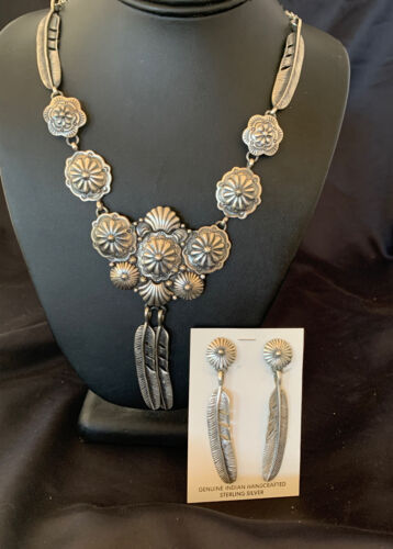 Navajo Handmade Sterling Silver Necklace Earrings Set Stamped