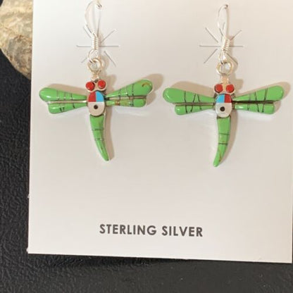 Navajo Dragonfly Earrings | Green Gaspeite, Coral, Mother of Pearl Inlay | Sterling Silver | 1" | 13319 - Masha USA