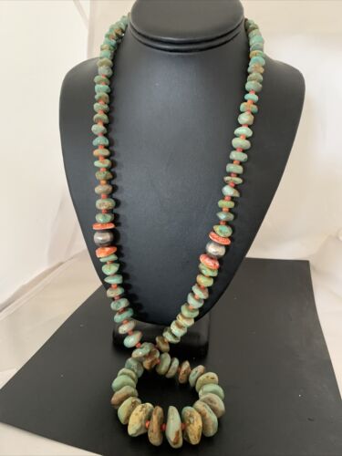 Authentic Native American Navajo Necklace | Sterling Silver | Green Turquoise & Spiny Oyster | 32" | 01669