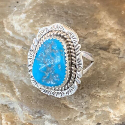 Navajo Blue Kingman Turquoise Ring | Sterling Silver | Sz 8.5 | Authentic Native American Handmade | 12961
