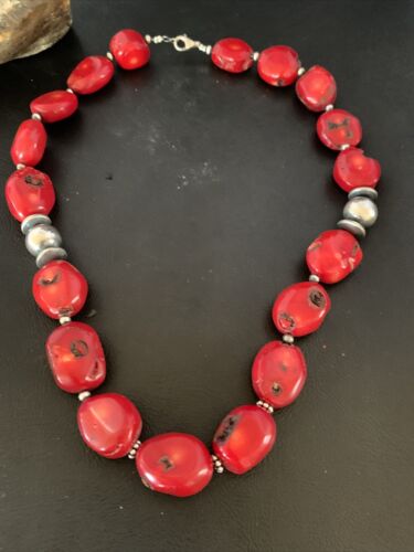 Navajo Red Coral Bead Necklace | Sterling Silver | Graduated | Authentic Native American | 21" | 13199