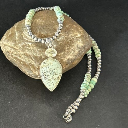 Navajo Sea Green Turquoise Pendant Necklace | Sterling Silver | 21" | Authentic Native American Handmade | 14475