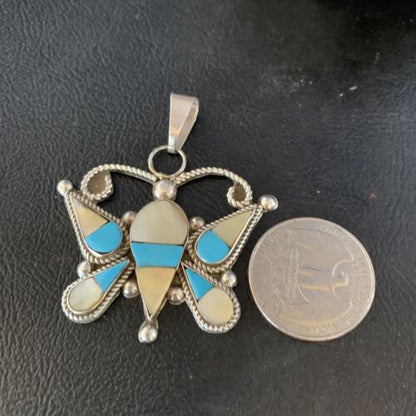 Zuni Butterfly Pendant Necklace | Turquoise & Yellow Mother of Pearl Inlay | Sterling Silver | 14208