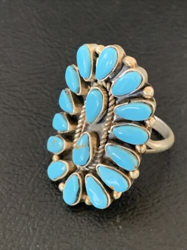 Navajo Blue Cluster Turquoise Needlepoint Ring | Authentic Native American Sterling Silver | Multi-Stone | Sz 8 | 11941