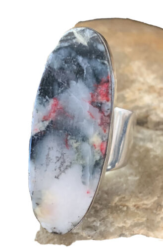 Southwestern Navajo Cinnabrite Ring | White Black | Sterling Silver | Sz 7.5 | 1562