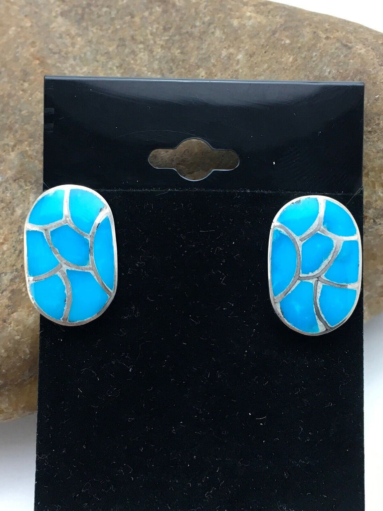 Native American Zuni Blue Turquoise Sterling Silver Earrings 0.9” 1072