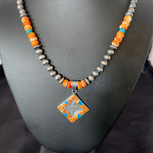 Navajo Pearls Sterling Silver Necklace | Orange Spiny Oyster Opal Inlay Pendant | 11320