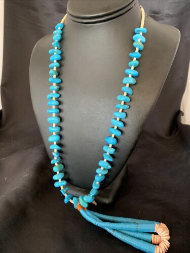 Santo Domingo Spiny Oyster Blue Turquoise Shell Jacla Necklace | 24" | Authentic Native American Handmade | 12513