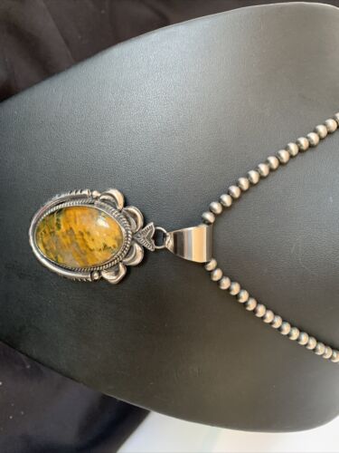 Men's Navajo Pearl Necklace with Sterling Silver Coffee Tiger's Eye Pendant | Authentic Native American Handmade | 11688 - Masha USA