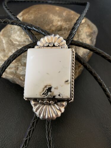 Navajo White Buffalo Turquoise Bolo Tie | Sterling Silver | Authentic Native American Handmade | 12905