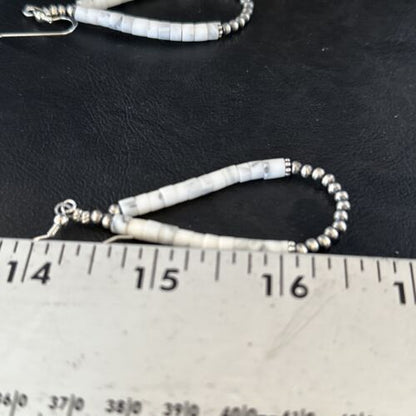 Navajo White Howlite Heishi Dangle Earrings | Sterling Silver | 2" | Authentic Native American Handmade | 14480