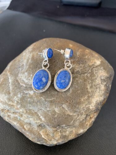 Navajo Denim Lapis Dangle Earrings | Sterling Silver | 1.1" | Authentic Native American Handmade | 1703