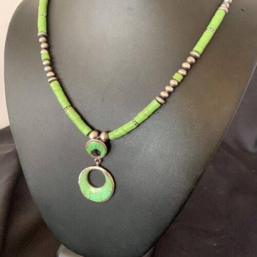 Navajo Green Gaspeite Turquoise Inlay Pendant | Sterling Silver | Authentic Native American Handmade | 12285