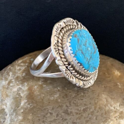 Southwestern Navajo Blue Kingman Turquoise Ring | Sterling Silver | Sz 8 | 12959