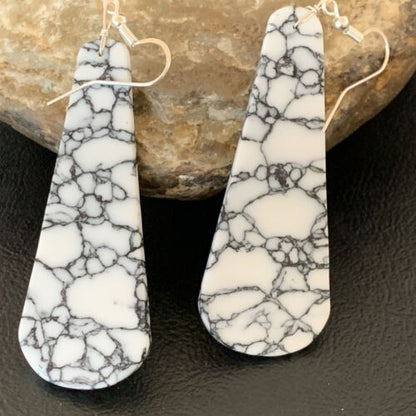 Navajo White Buffalo Turquoise Dangle Earrings | Sterling Silver | 2" | Authentic Native American Handmade | 11751
