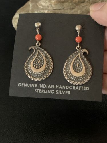 Old Pawn Southwestern Coral Dangle Earrings | Sterling Silver | 1" | 12995