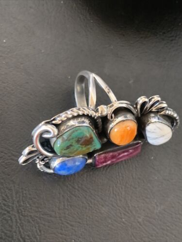 Navajo White Buffalo Spiny Oyster Lapis Multi-Stone Ring | Authentic Native American Sterling Silver | Sz 10.5 | 11568