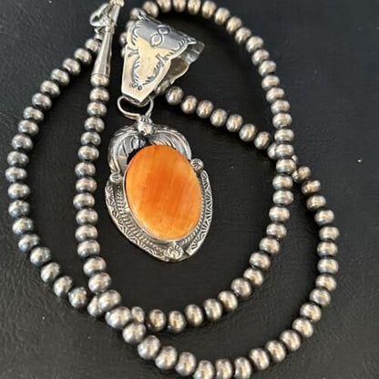 Navajo Orange Spiny Oyster Pendant Necklace | Sterling Silver | Authentic Native American Handmade | 14682