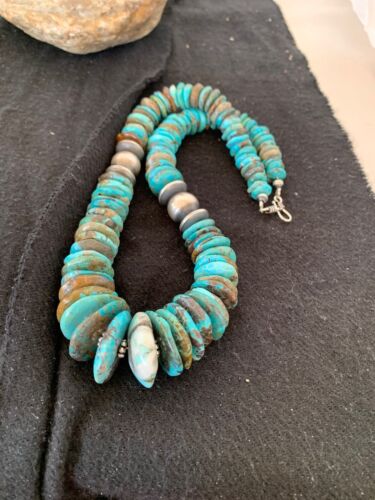 Authentic Navajo Sterling Silver & Turquoise Graduated Necklace | 18" | Native American Jewelry | 4241 - Masha USA