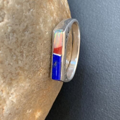 Navajo Opal Blue Lapis Red Coral Inlay Ring | Sz 7 | Authentic Native American Handmade | 11140