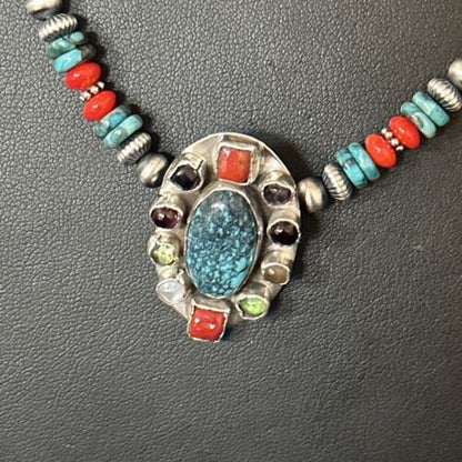 Navajo Multi-Color Blue Turquoise Coral Necklace Pendant | Authentic Native American Sterling Silver | Naja | 14371 - Masha USA
