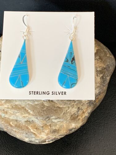Navajo Sterling Silver Blue Turquoise Inlay Dangle Drop Earrings | 1.5" | Authentic Native American Handmade | 12311