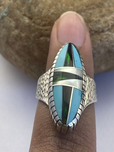 Navajo Opal & Turquoise Inlay Ring | Sterling Silver | Sz 7.5 | Authentic Native American Handmade | 1597