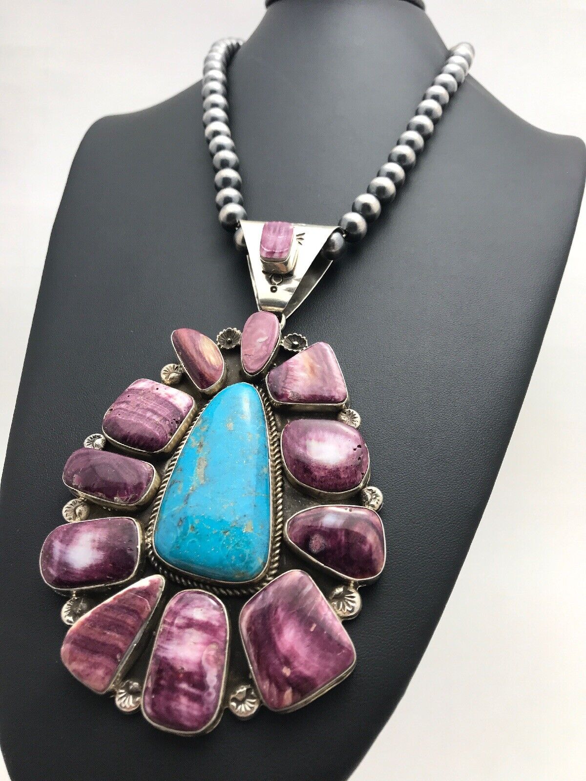 Navajo Spiny Turquoise Cluster Pendant Necklace | Sterling Silver | 6" | Authentic Native American Handmade | 1062