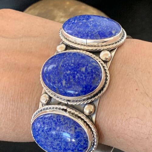 Native American Men's Navajo Blue Denim Lapis Cuff Bracelet | Sterling Silver | 12234