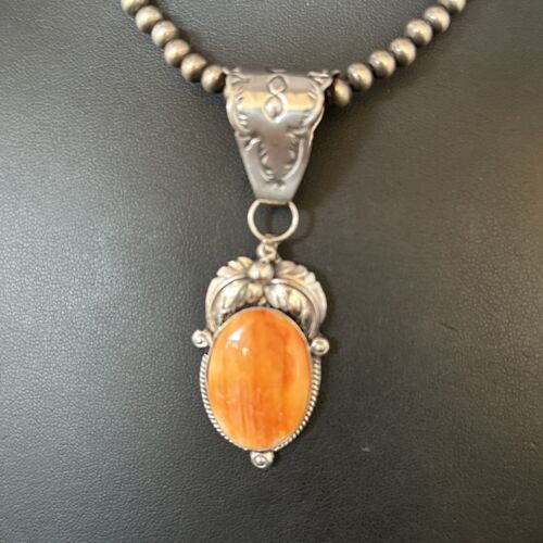 Navajo Orange Spiny Oyster Pendant Necklace | Sterling Silver | Authentic Native American Handmade | 14684
