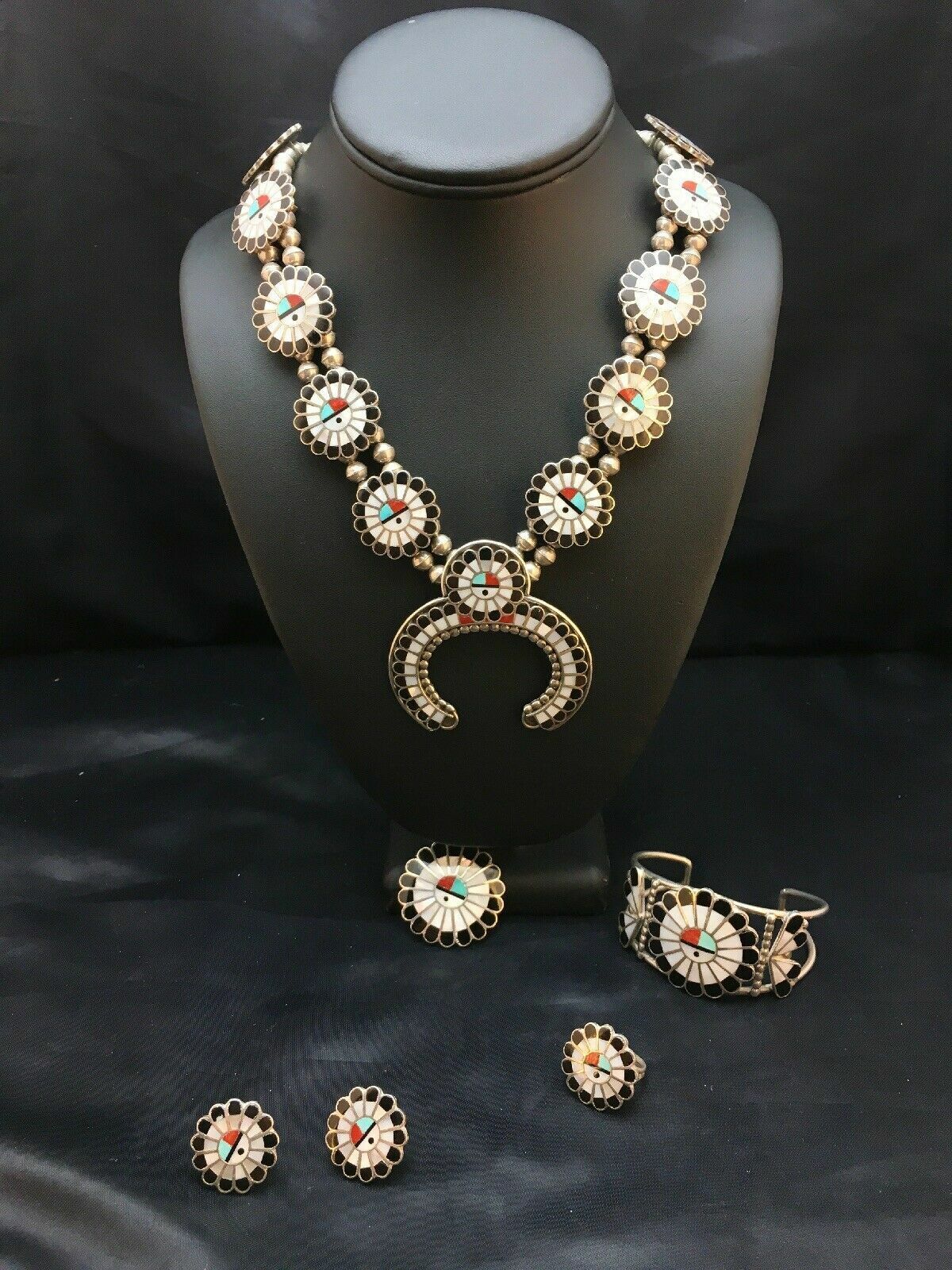 Zuni Native American Inlay Turquoise Squash Blossom Necklace Set | Sterling Silver | 2520