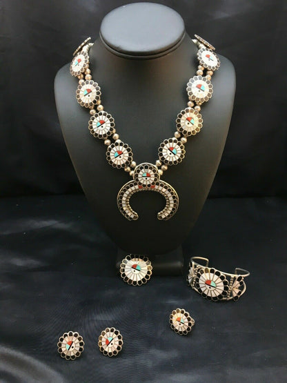 Zuni Native American Inlay Turquoise Squash Blossom Necklace Set | Sterling Silver | 2520